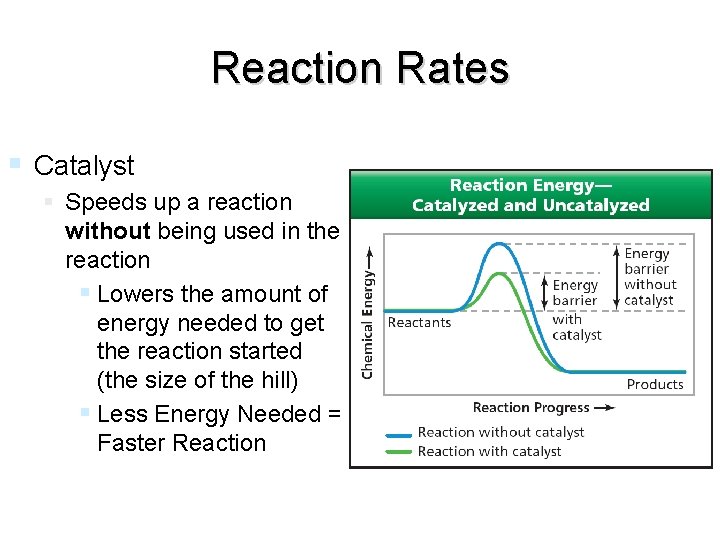 Reaction Rates Catalyst Speeds up a reaction without being used in the reaction Lowers