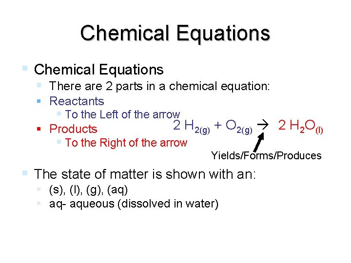 Chemical Equations There are 2 parts in a chemical equation: Reactants To the Left