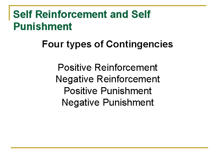 Self Reinforcement and Self Punishment Four types of Contingencies Positive Reinforcement Negative Reinforcement Positive Self Reinforcement and Self Punishment Four types of Contingencies Positive Reinforcement Negative Reinforcement Positive