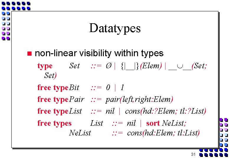 Datatypes non-linear visibility within types type Set : : = Set) free type Bit