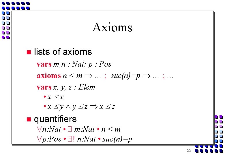 Axioms lists of axioms vars m, n : Nat; p : Pos axioms n