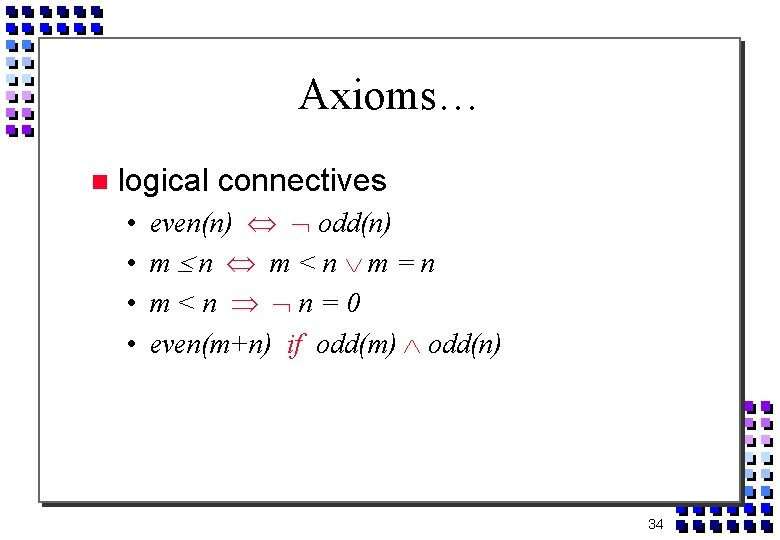 Axioms… logical connectives • • even(n) odd(n) m n m < n m =