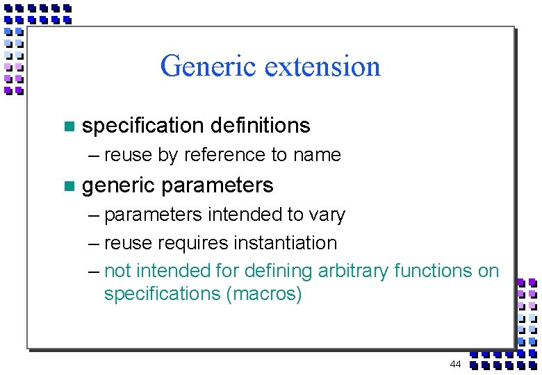 Generic extension specification definitions – reuse by reference to name generic parameters – parameters