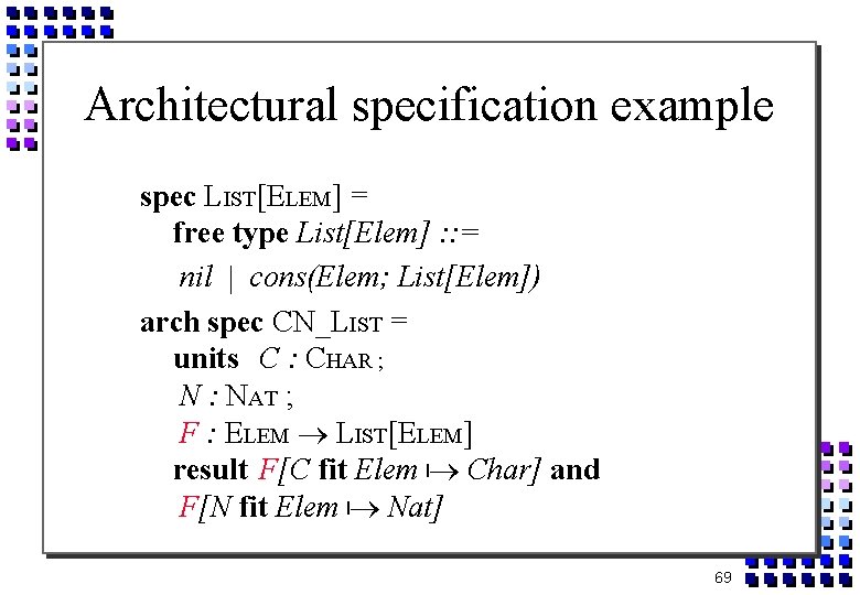 Architectural specification example spec LIST[ELEM] = free type List[Elem] : : = nil cons(Elem;