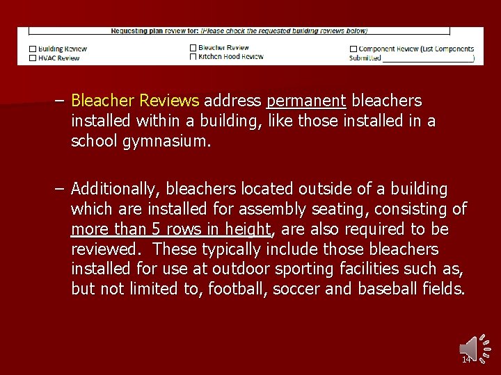 – Bleacher Reviews address permanent bleachers installed within a building, like those installed in