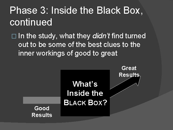 Phase 3: Inside the Black Box, continued � In the study, what they didn’t
