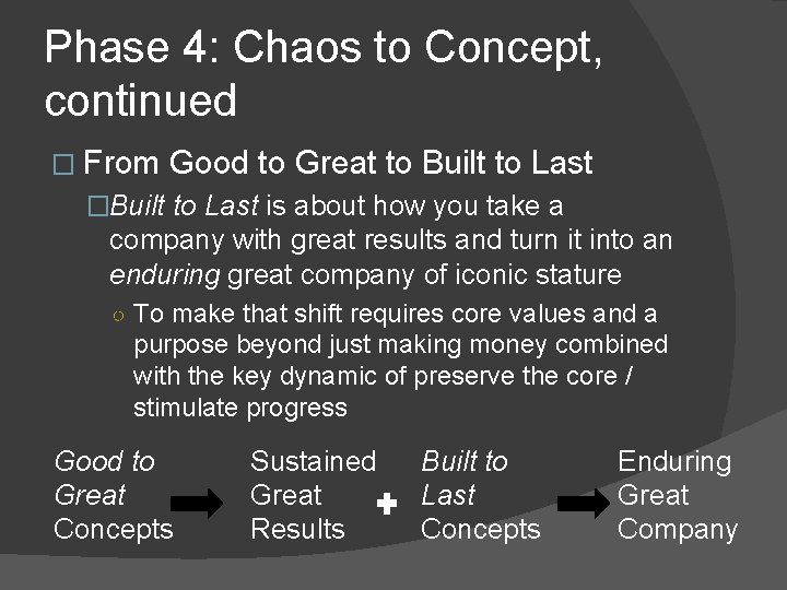 Phase 4: Chaos to Concept, continued � From Good to Great to Built to