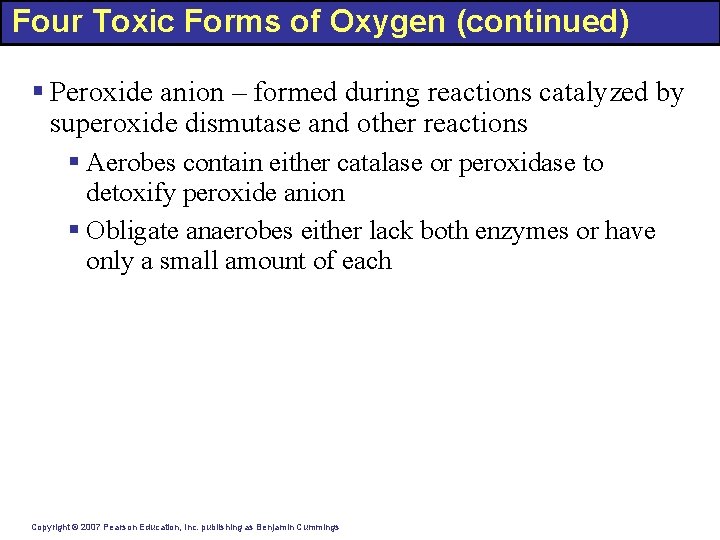 Four Toxic Forms of Oxygen (continued) § Peroxide anion – formed during reactions catalyzed