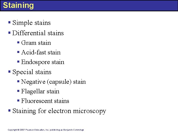 Staining § Simple stains § Differential stains § Gram stain § Acid-fast stain §
