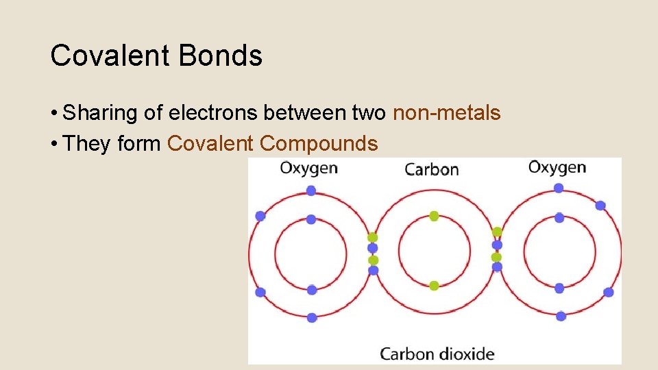 Covalent Bonds • Sharing of electrons between two non-metals • They form Covalent Compounds
