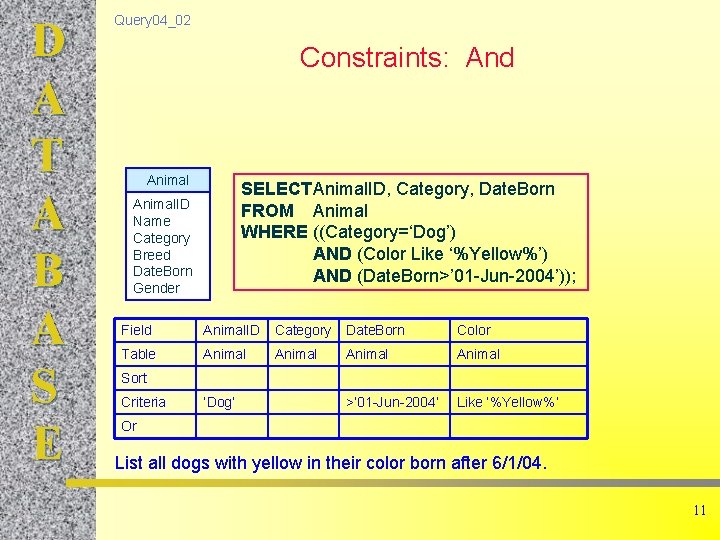 D A T A B A S E Query 04_02 Constraints: And Animal SELECTAnimal.