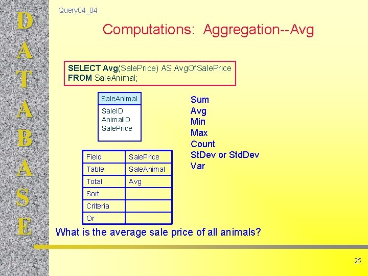 D A T A B A S E Query 04_04 Computations: Aggregation--Avg SELECT Avg(Sale.