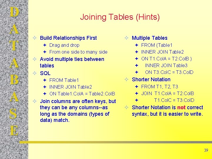 D A T A B A S E Joining Tables (Hints) ² Build Relationships