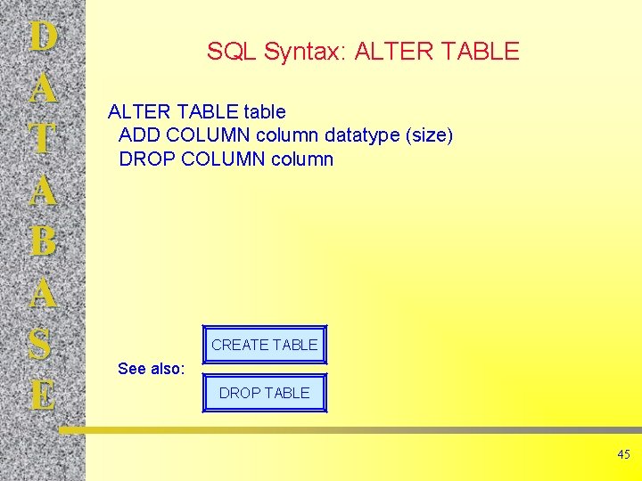 D A T A B A S E SQL Syntax: ALTER TABLE table ADD