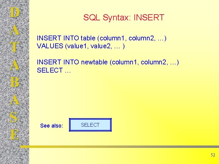 D A T A B A S E SQL Syntax: INSERT INTO table (column
