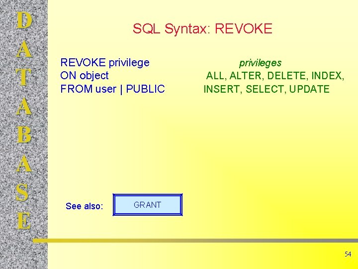 D A T A B A S E SQL Syntax: REVOKE privilege ON object