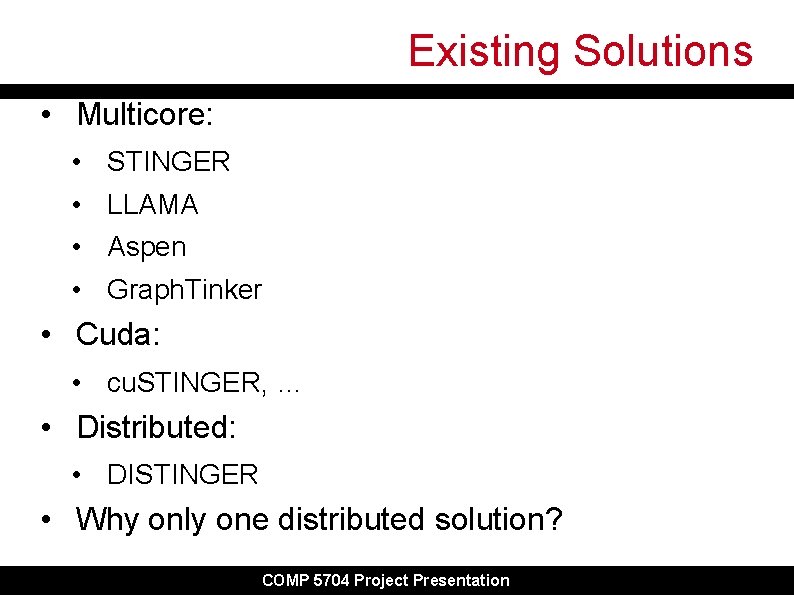 Existing Solutions • Multicore: • • STINGER LLAMA Aspen Graph. Tinker • Cuda: •