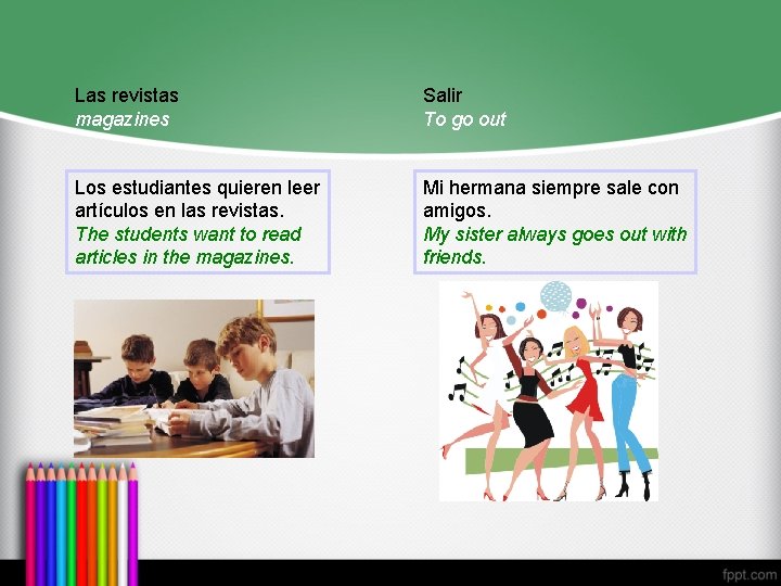 Las revistas magazines Salir To go out Los estudiantes quieren leer artículos en las