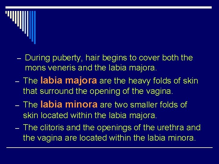 – During puberty, hair begins to cover both the mons veneris and the labia