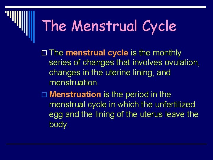 The Menstrual Cycle o The menstrual cycle is the monthly series of changes that