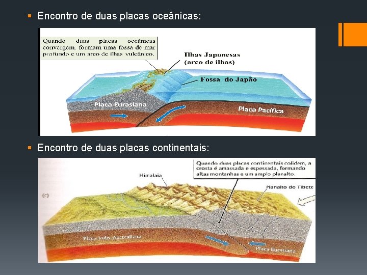 § Encontro de duas placas oceânicas: § Encontro de duas placas continentais: 