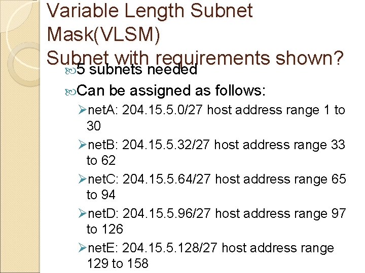 Variable Length Subnet Mask(VLSM) Subnet with requirements shown? 5 subnets needed Can be assigned