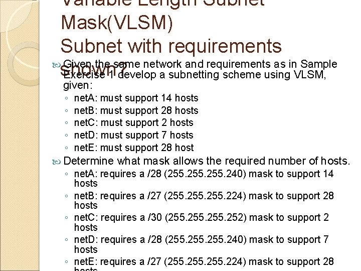 Variable Length Subnet Mask(VLSM) Subnet with requirements Given the same network and requirements as