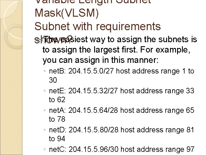 Variable Length Subnet Mask(VLSM) Subnet with requirements The easiest way to assign the subnets