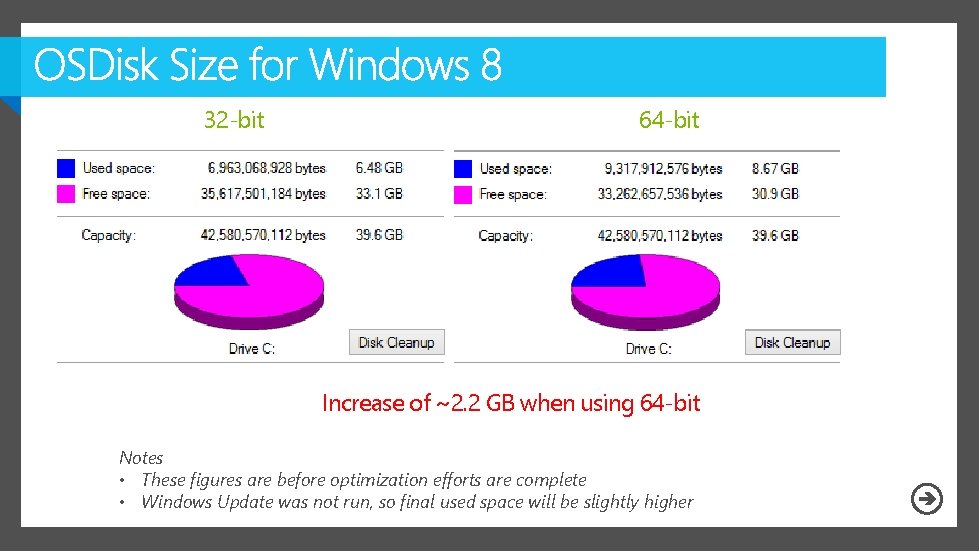 32 -bit 64 -bit Increase of ~2. 2 GB when using 64 -bit Notes