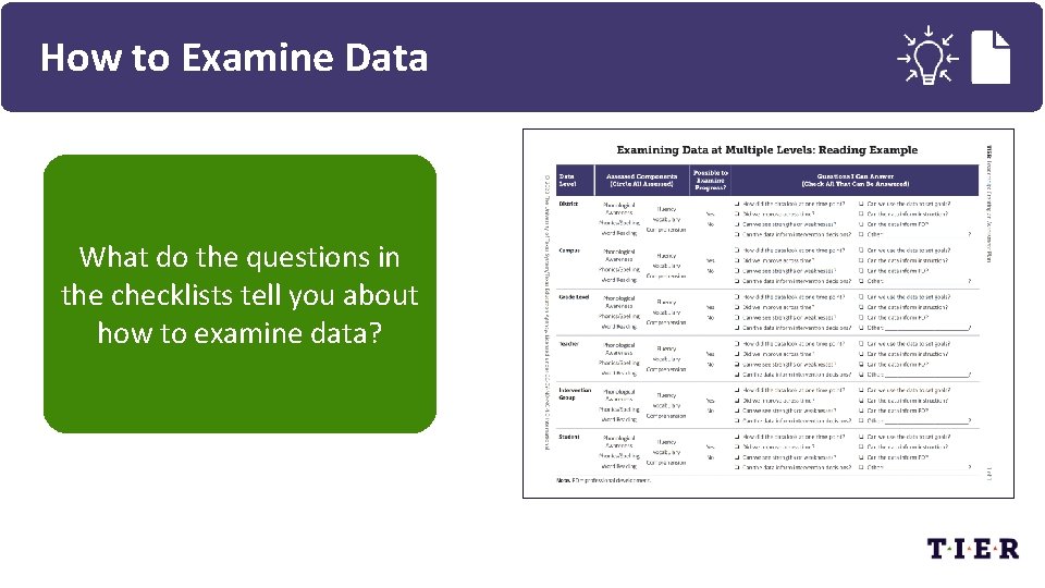 How to Examine Data What do the questions in the checklists tell you about