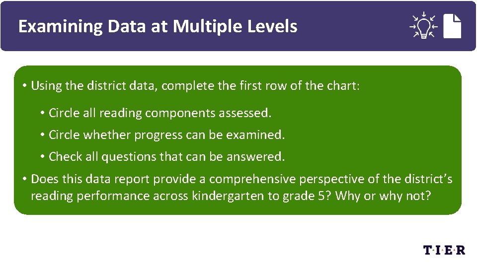 Examining Data at Multiple Levels • Using the district data, complete the first row