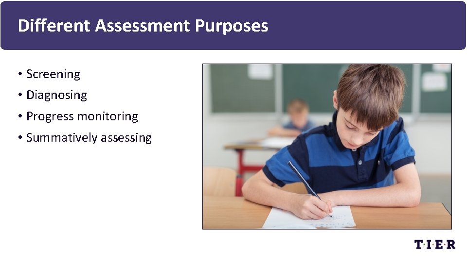 Different Assessment Purposes • Screening • Diagnosing • Progress monitoring • Summatively assessing 