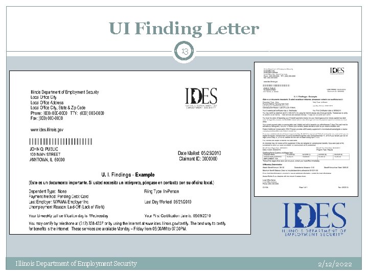 UI Finding Letter 13 Illinois Department of Employment Security 2/12/2022 