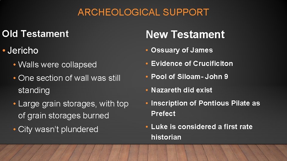 ARCHEOLOGICAL SUPPORT Old Testament New Testament • Jericho • Ossuary of James • Walls