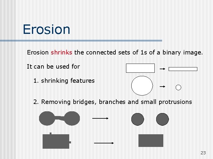 Erosion shrinks the connected sets of 1 s of a binary image. It can