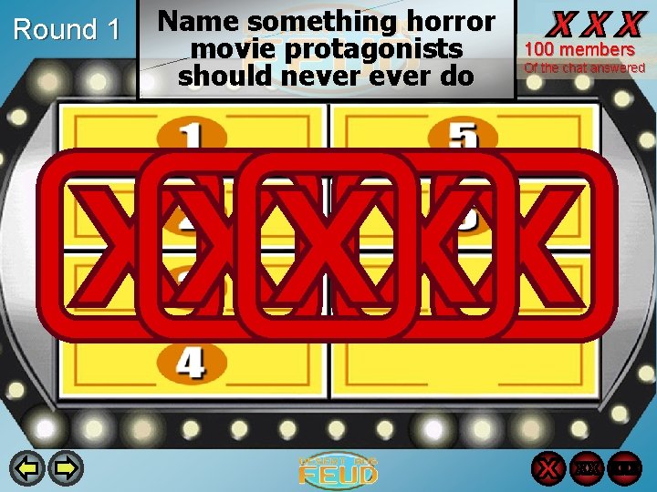 Round 1 Name something horror movie protagonists should never do 100 members Of the