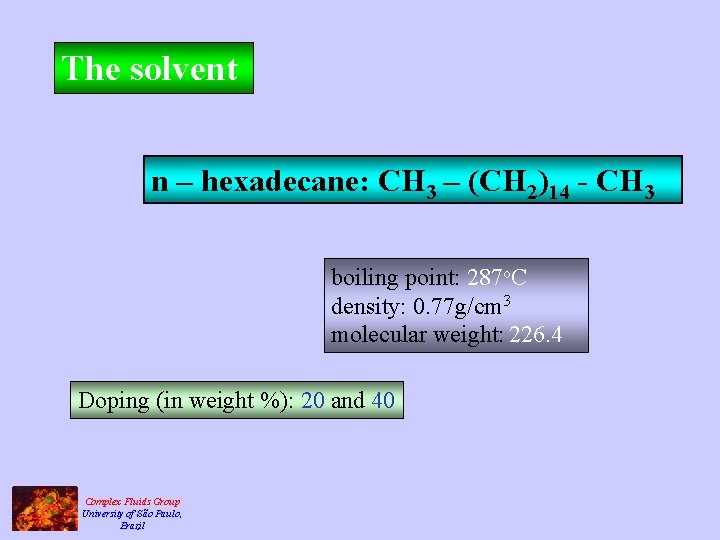 The solvent n – hexadecane: CH 3 – (CH 2)14 - CH 3 boiling