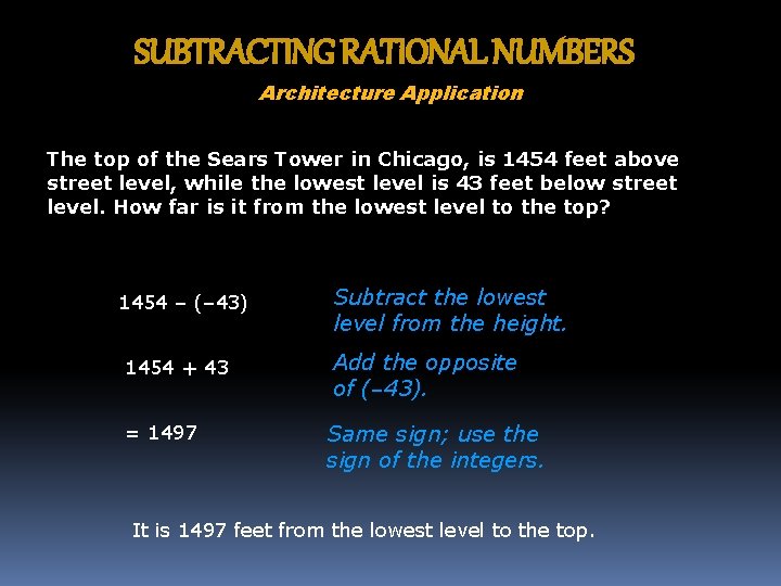 SUBTRACTING RATIONAL NUMBERS Architecture Application The top of the Sears Tower in Chicago, is