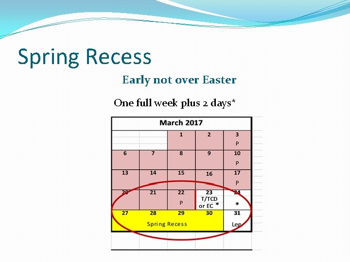 Spring Recess Early not over Easter One full week plus 2 days* 