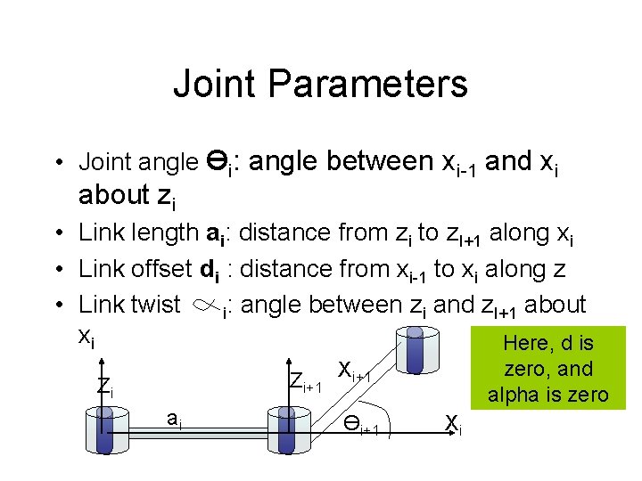 Joint Parameters • Joint angle Өi: angle between xi-1 and xi about zi • Joint Parameters • Joint angle Өi: angle between xi-1 and xi about zi •