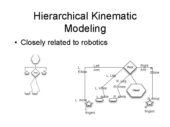 Hierarchical Kinematic Modeling • Closely related to robotics L. Elbow Right Arm R. Elbow Hierarchical Kinematic Modeling • Closely related to robotics L. Elbow Right Arm R. Elbow