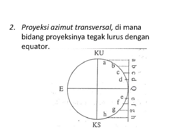 2. Proyeksi azimut transversal, di mana bidang proyeksinya tegak lurus dengan equator. 