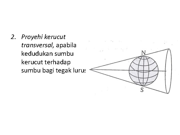 2. Proyehi kerucut transversal, apabila kedudukan sumbu kerucut terhadap sumbu bagi tegak lurus. 