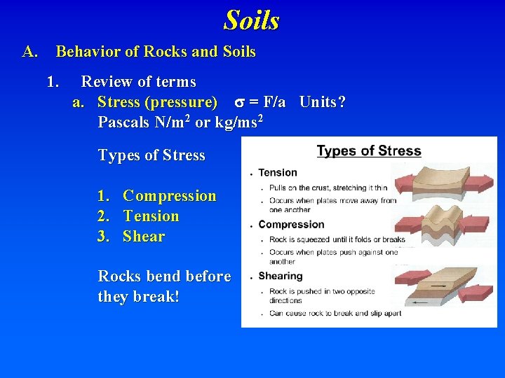 Soils A. Behavior of Rocks and Soils 1. Review of terms a. Stress (pressure)