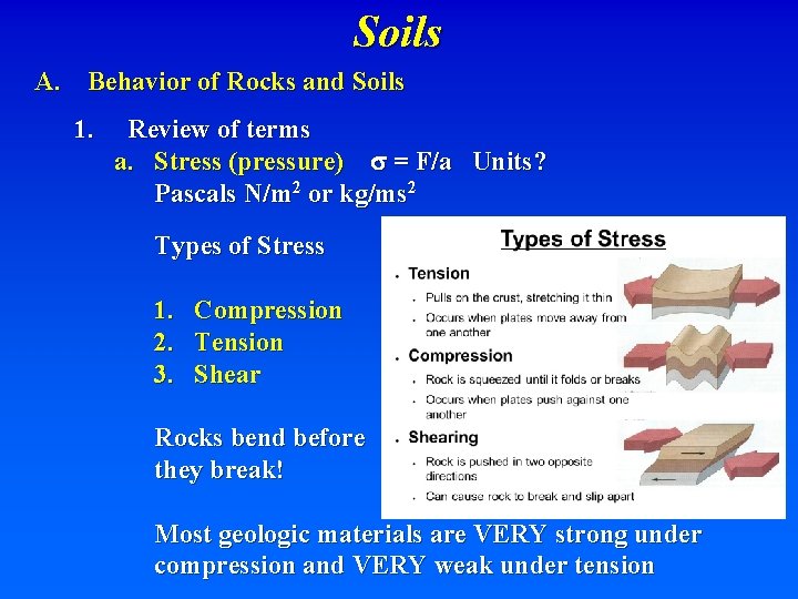 Soils A. Behavior of Rocks and Soils 1. Review of terms a. Stress (pressure)