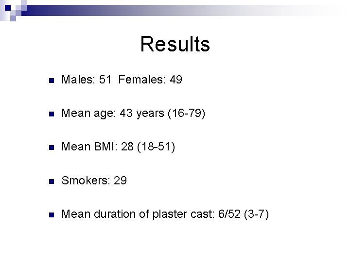 Results n Males: 51 Females: 49 n Mean age: 43 years (16 -79) n