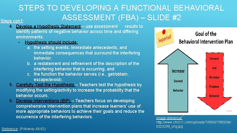 STEPS TO DEVELOPING A FUNCTIONAL BEHAVIORAL ASSESSMENT (FBA) – SLIDE #2 Steps con’t: 4.