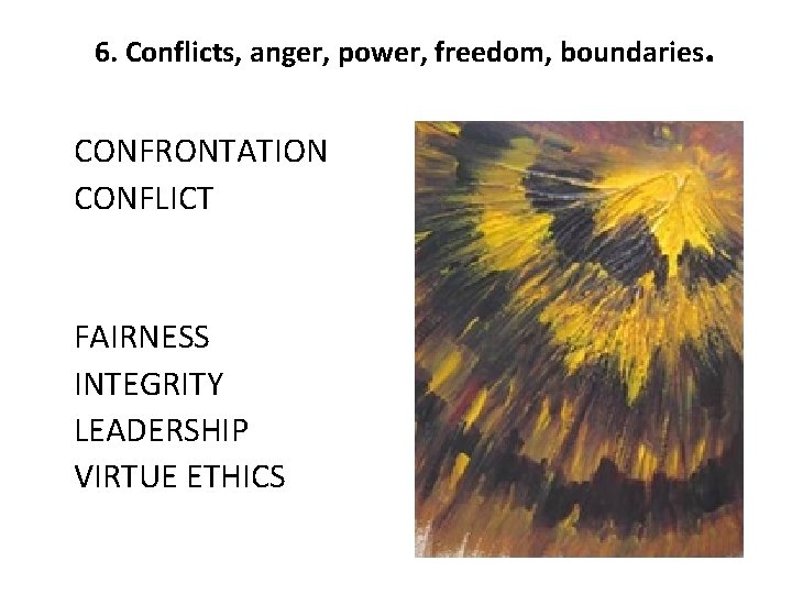 6. Conflicts, anger, power, freedom, boundaries. CONFRONTATION CONFLICT FAIRNESS INTEGRITY LEADERSHIP VIRTUE ETHICS 