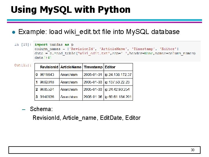 Using My. SQL with Python l Example: load wiki_edit. txt file into My. SQL