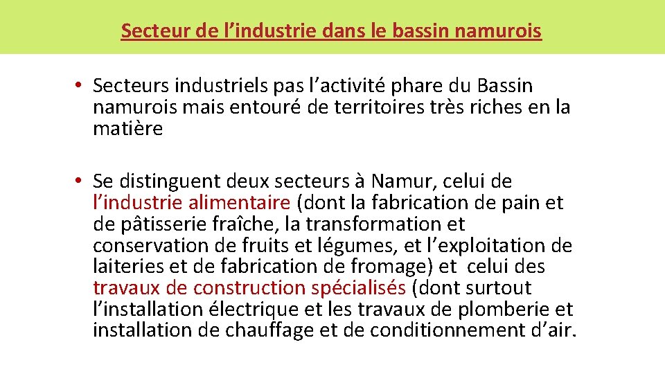 Secteur de l’industrie dans le bassin namurois • Secteurs industriels pas l’activité phare du